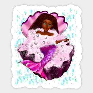 Mermaid spa day in Oyster clam shell 2 - Black anime mermaid in bubble bath. Pretty black girl with Afro hair, green eyes, Cherry pink lips and dark brown skin. Hair love ! Sticker